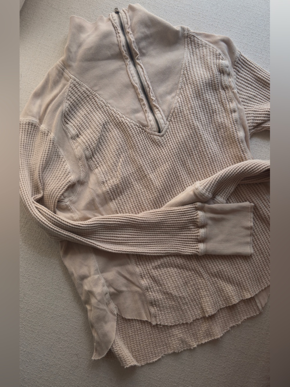Free people one waffle knit half-zip sweater sand beige relaxed fit cotton